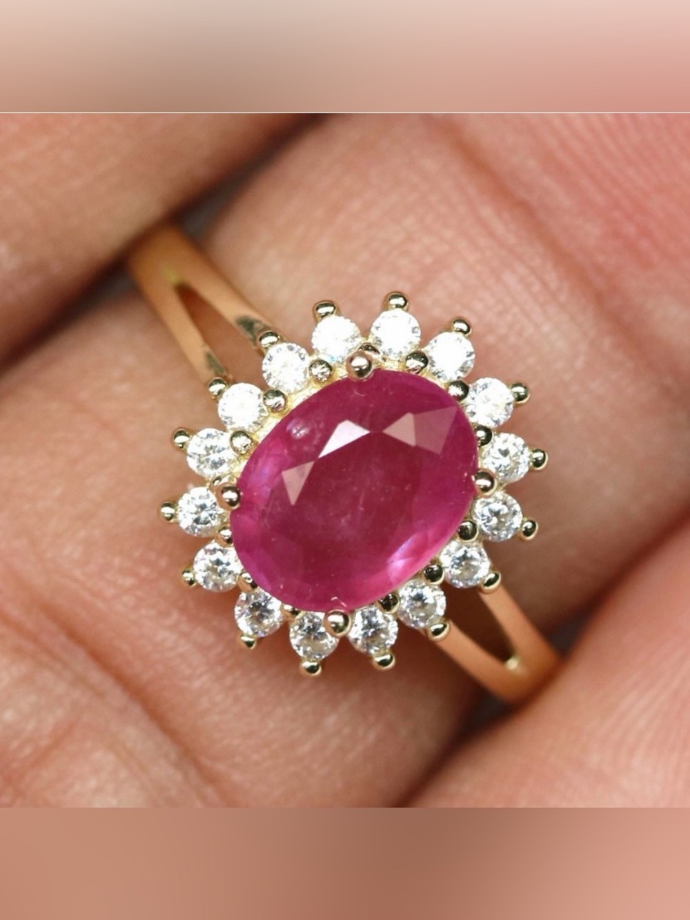 Stunning 1.72CT Madagascar Ruby with halo 18K Gold over 925 Sterling Ring Sz 6